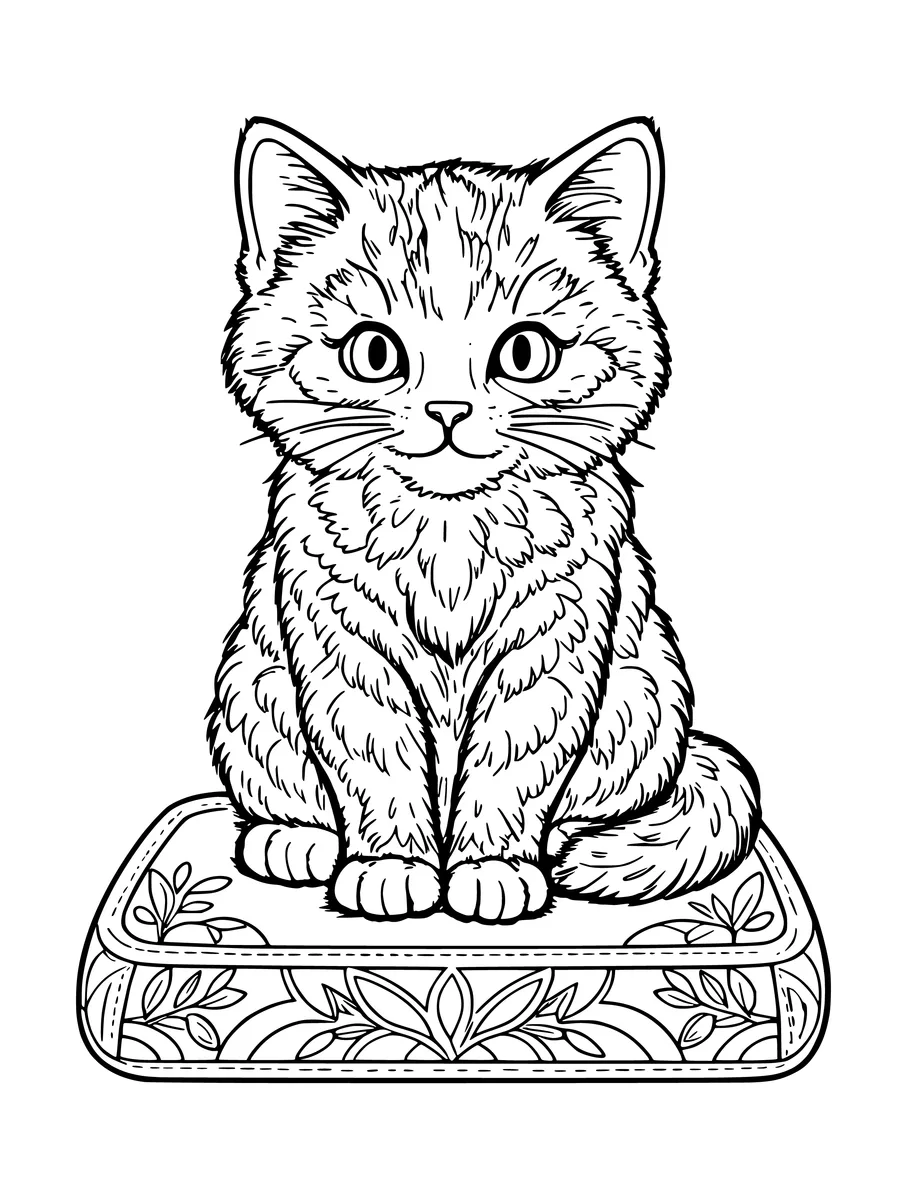 Black and white line art coloring page of fluffy kitten on a cushion with detailed fur, detailed detail