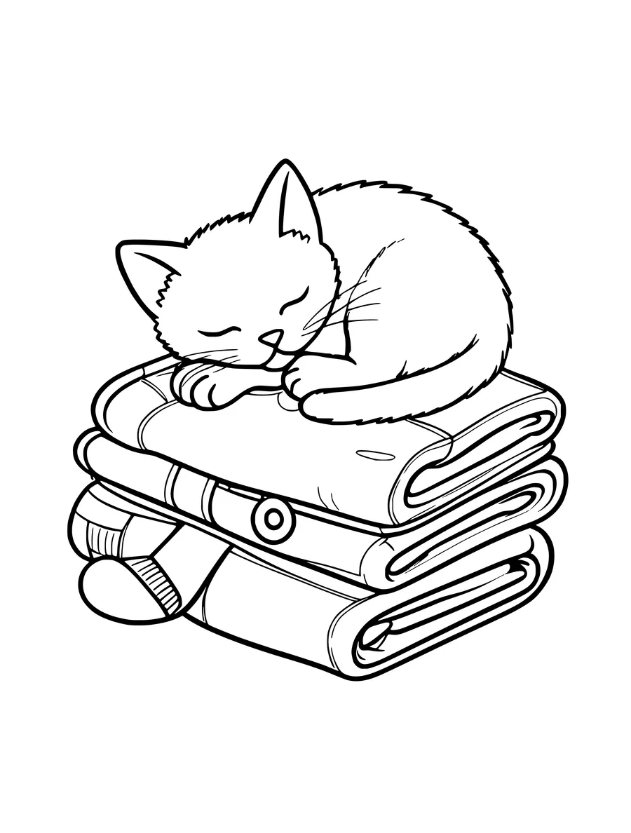 A kitten sleeps peacefully curled up on a folded stack of laundry in this sweet coloring page.