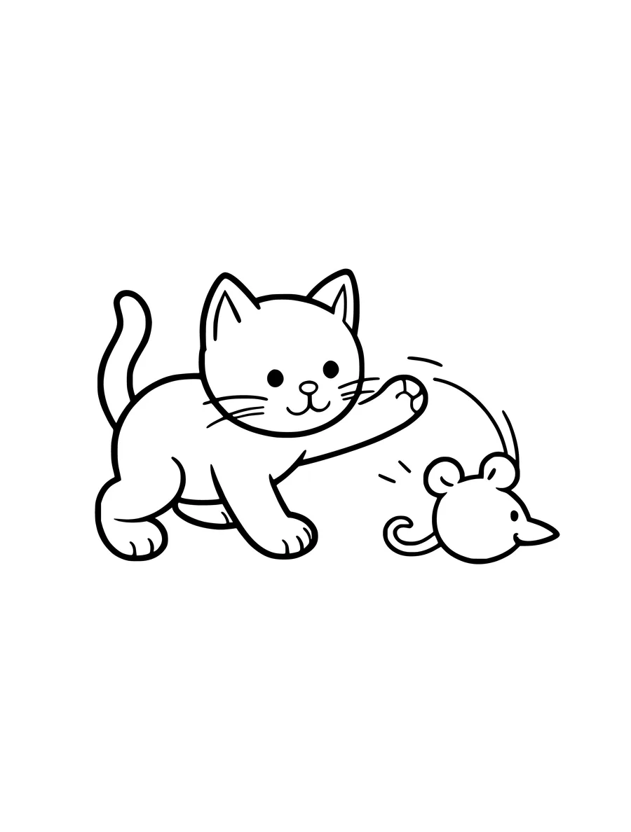 A cute kitten bats at a small, round mouse toy in this simple black and white colouring page.