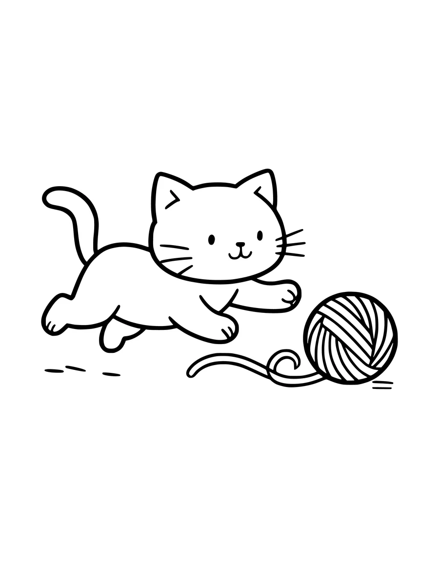 A cute kitten pounces toward a round ball of yarn in this simple colouring page.