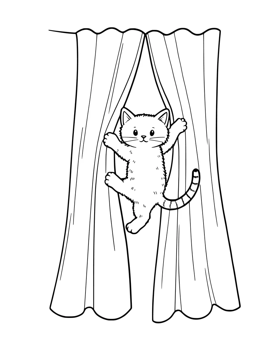 Black and white line art coloring page of kitten climbing a curtain, medium detail