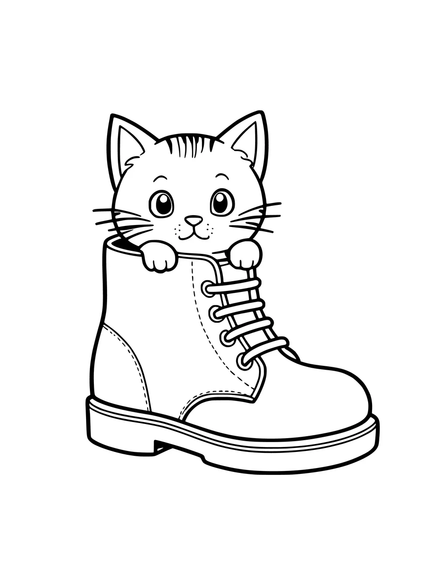 A curious kitten peeks out from the top of a sturdy lace-up boot in this line art illustration, coloring page