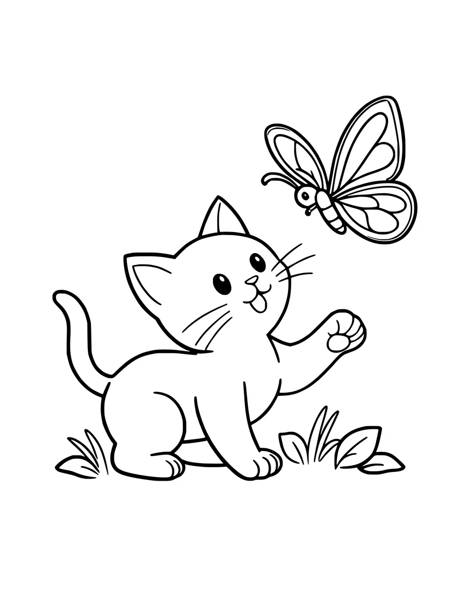 A playful kitten reaches a paw toward a butterfly fluttering above in this line art, colouring page