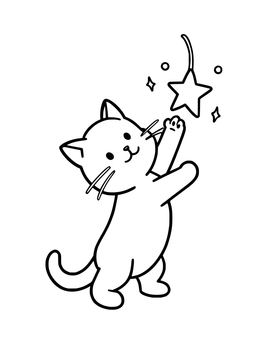 A cheerful kitten reaches up to play with a hanging star in this easy colouring page illustration.