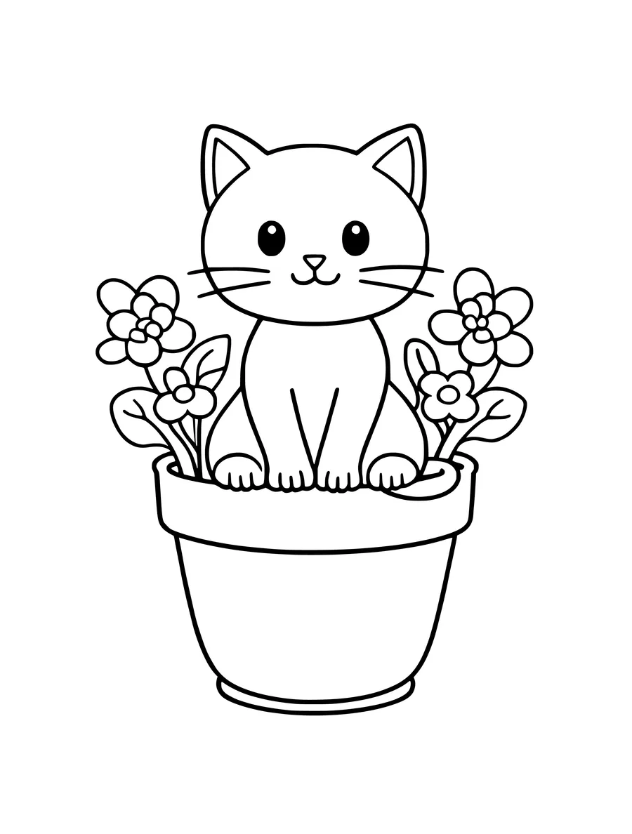 A happy kitten sits inside a flower pot surrounded by simple blossoms in this line art, colouring page