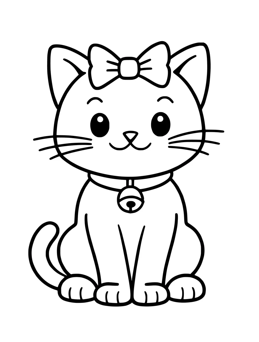 A kitten wearing a bow on its head and a collar with a bell sits in this coloring page.