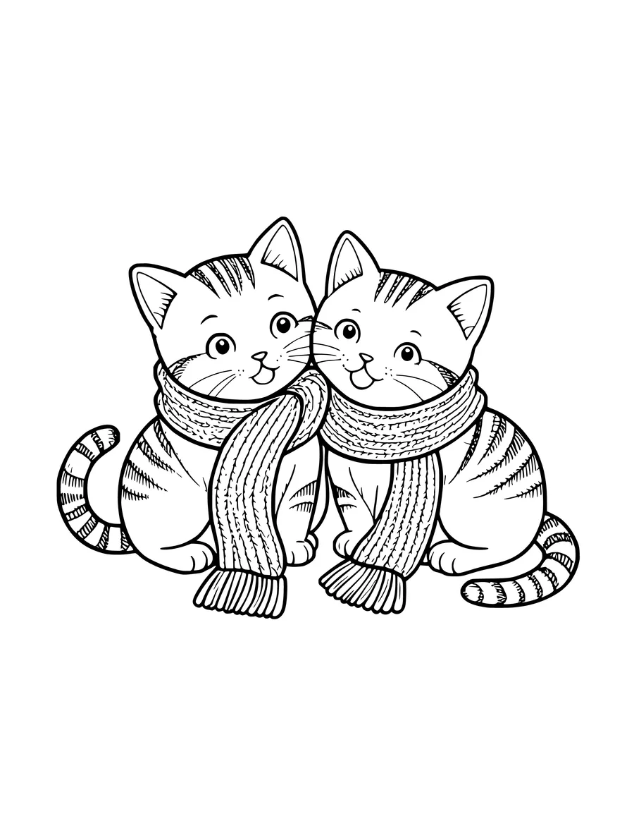 Two tabby kittens sit side by side while wearing a long, shared scarf in this line art, colouring page