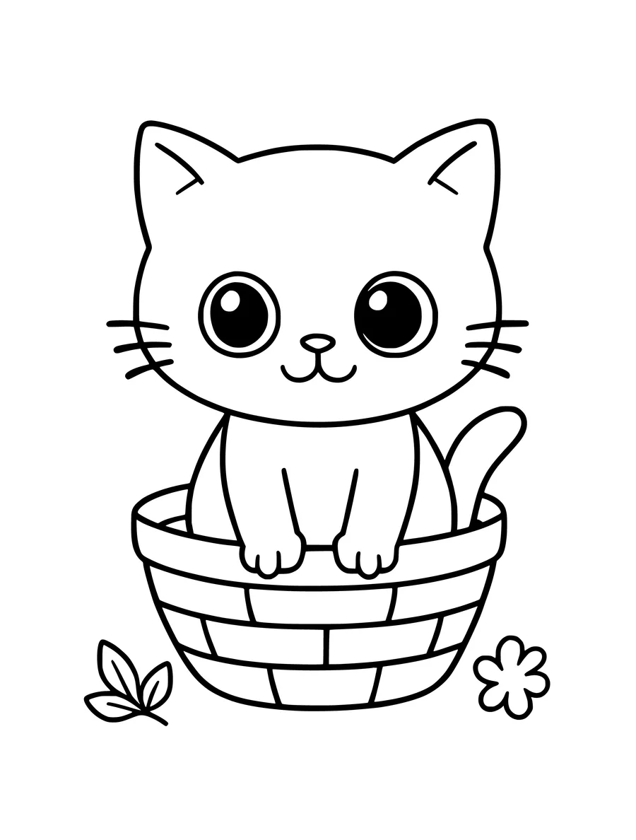 Black and white line art colouring page of tiny kitten with big eyes sitting in a basket, simple detail
