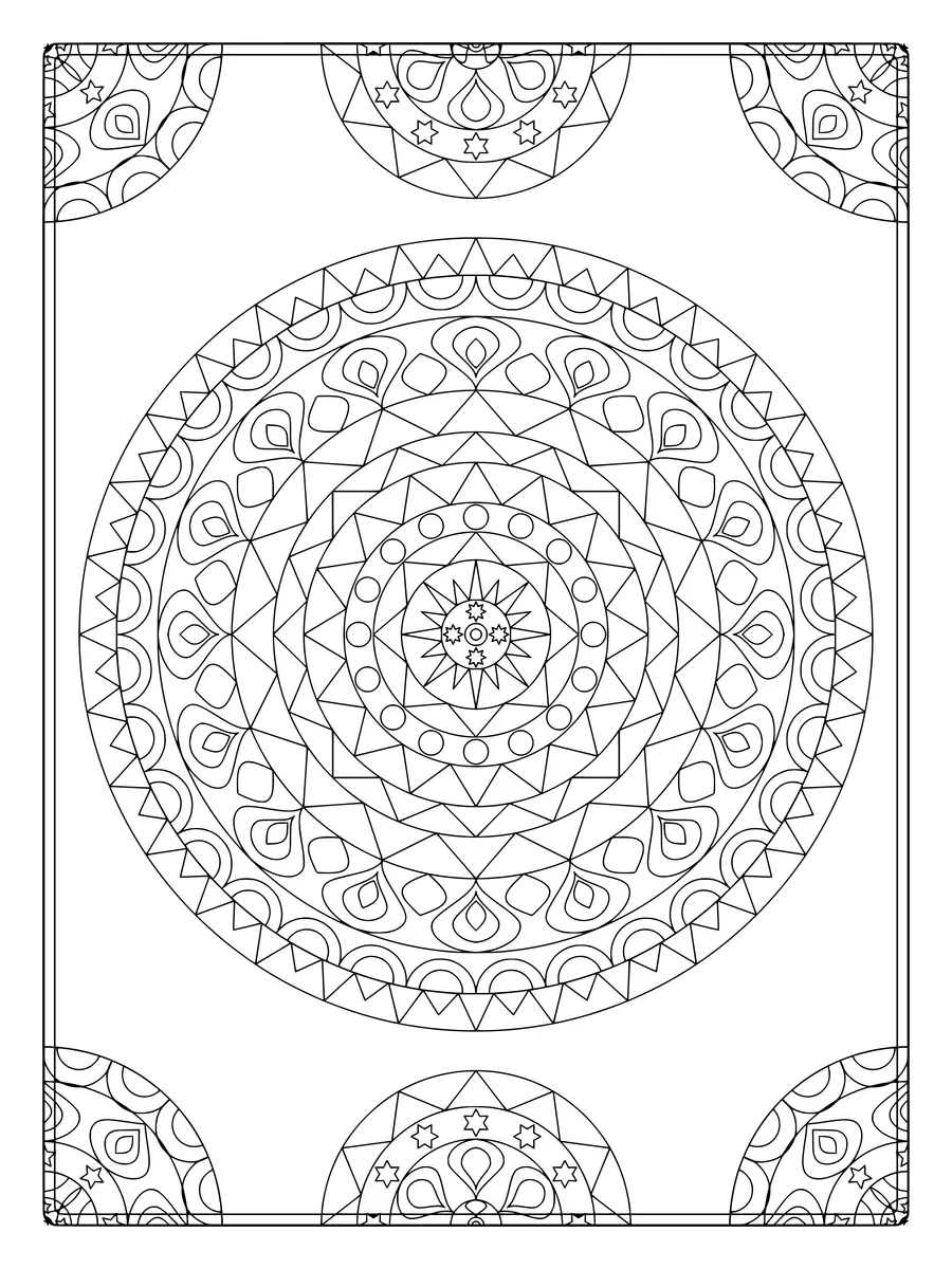 16-fold starlit mandala with sunburst and zigzag rings and corner ornaments, an intricate fine-line coloring page for adults to print or color online