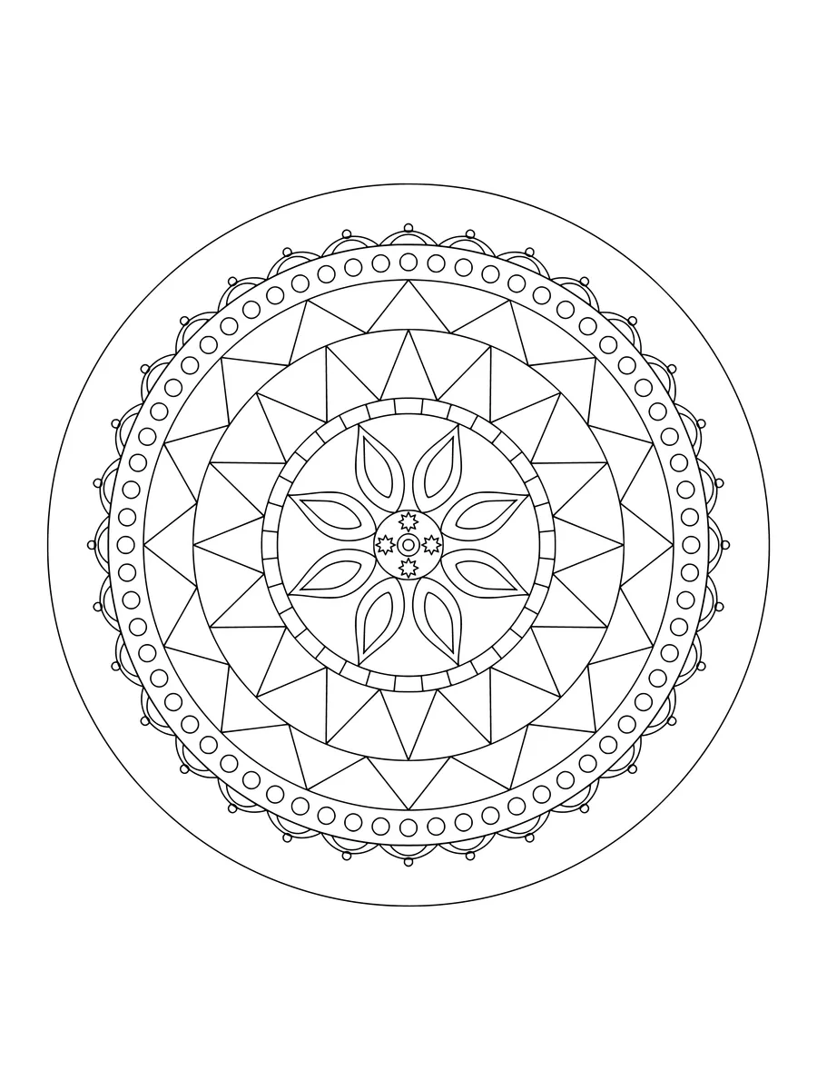 16-fold sunburst mandala with petal and sunburst rings, a detailed colouring page for adults to print or colour online