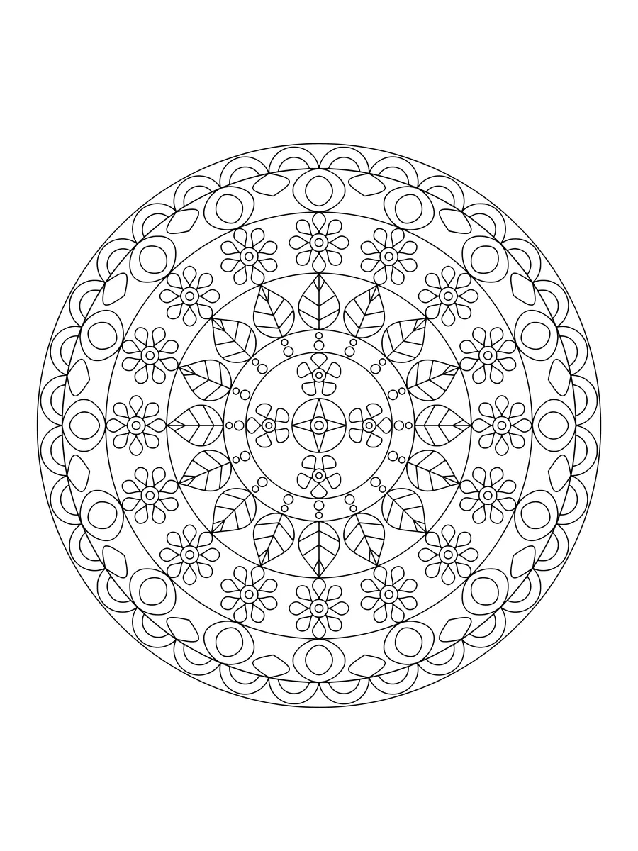 Blossom mandala with flower and leaf rings, a detailed coloring page for adults to print or color online