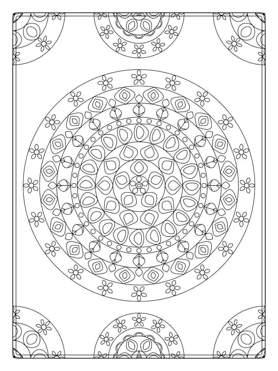 Blossom mandala with petal and rounded petal rings and corner ornaments, an intricate fine-line colouring page for adults to print or colour online