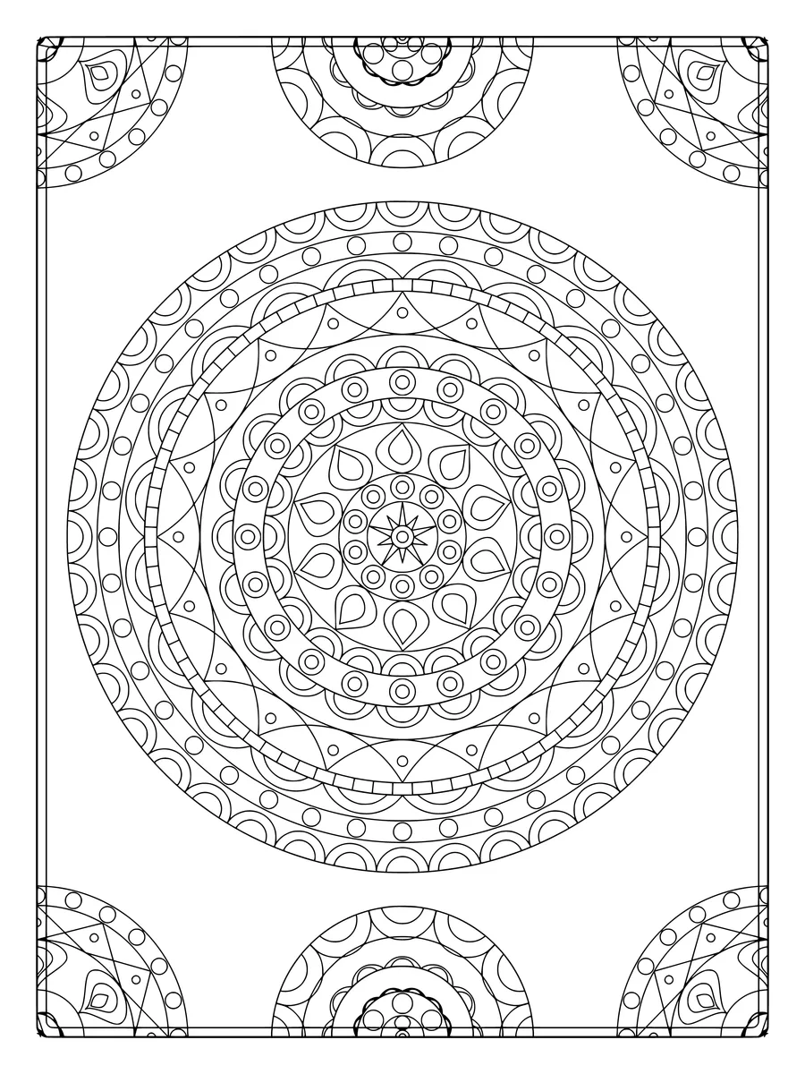 Lace mandala with petal and arched rings and corner ornaments, an intricate fine-line colouring page for adults to print or colour online