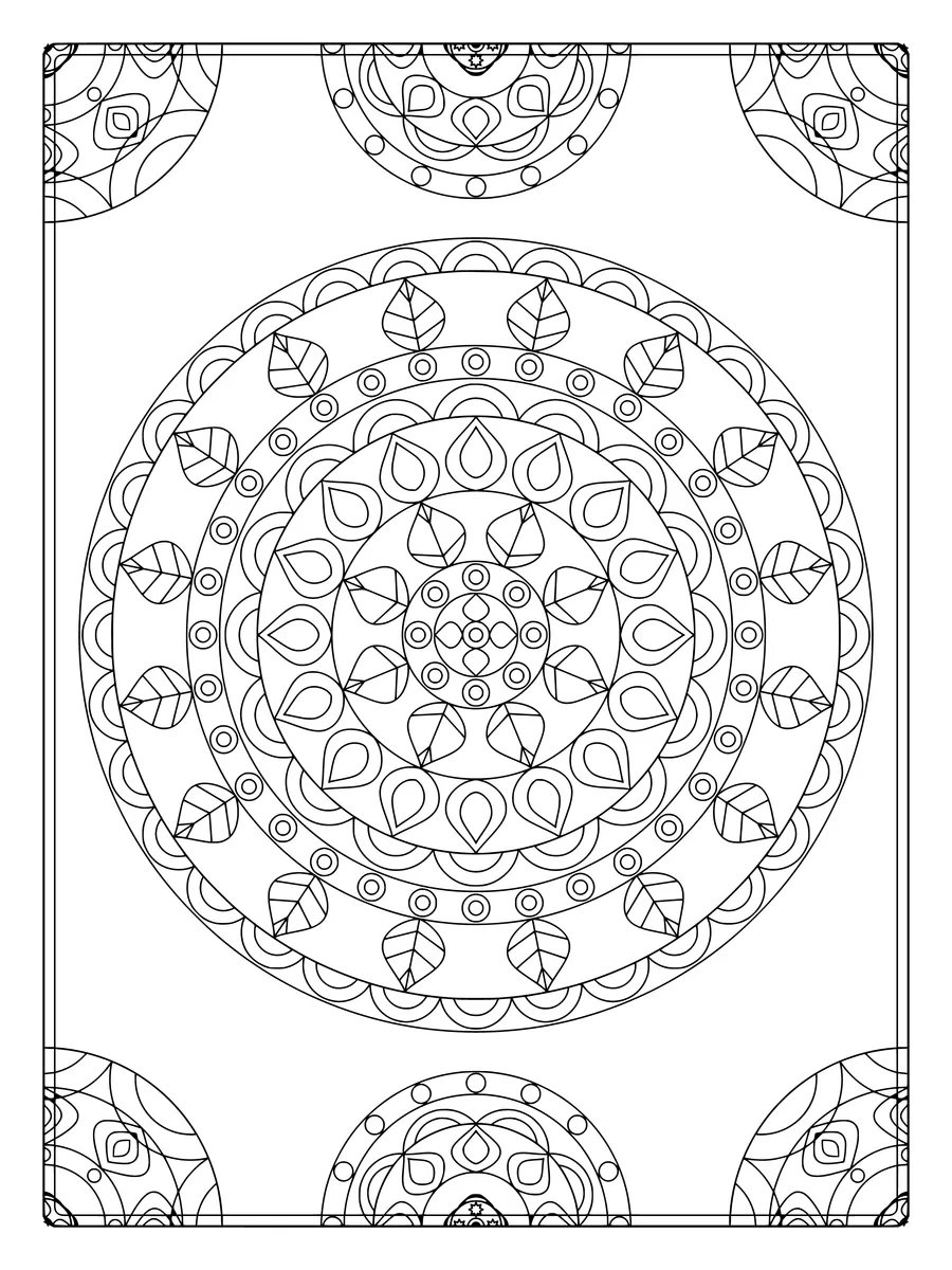 Lotus mandala with leaf and petal rings and corner ornaments, a detailed colouring page for adults to print or colour online
