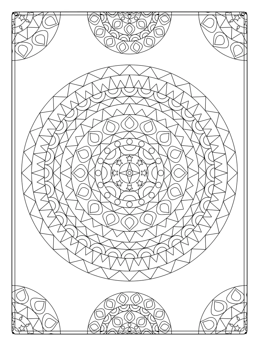 Starlit mandala with star and arched rings and corner ornaments, an intricate fine-line coloring page for adults to print or color online