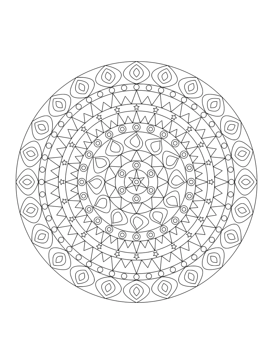 Starlit mandala with zigzag and petal rings, an intricate fine-line colouring page for adults to print or colour online