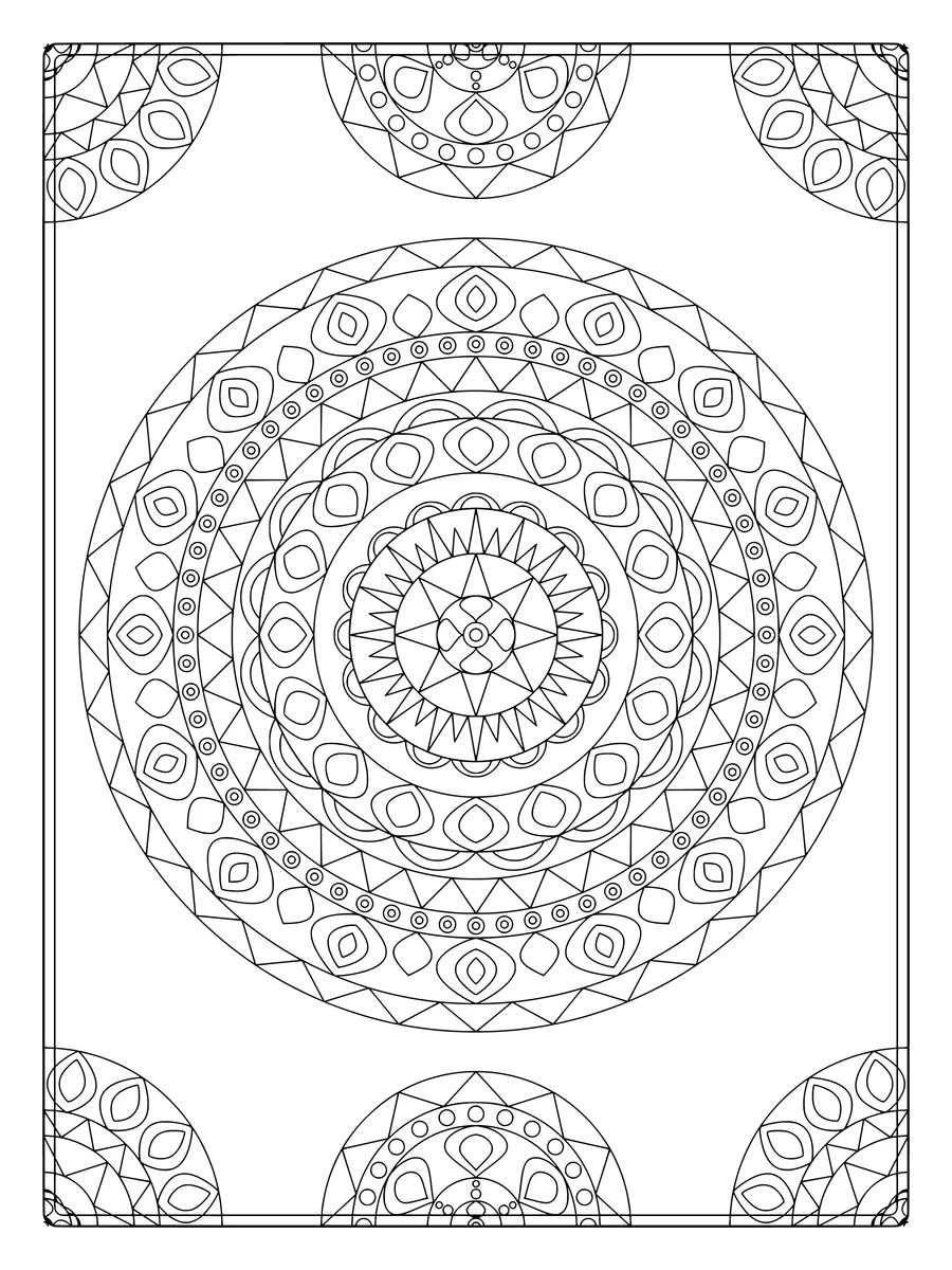 Sunburst mandala with sunburst and scalloped rings and corner ornaments, an intricate fine-line colouring page for adults to print or colour online