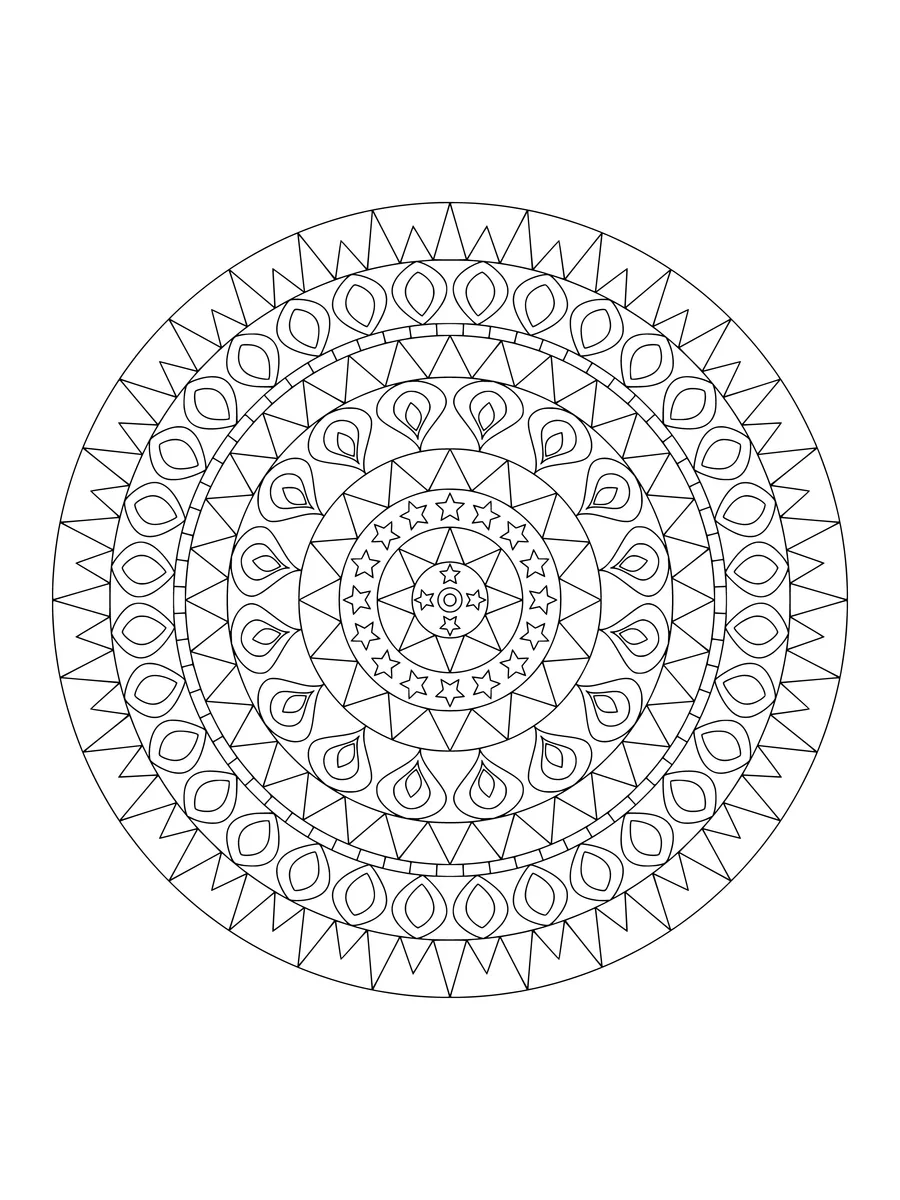 Sunburst mandala with zigzag and star rings, an intricate fine-line coloring page for adults to print or color online