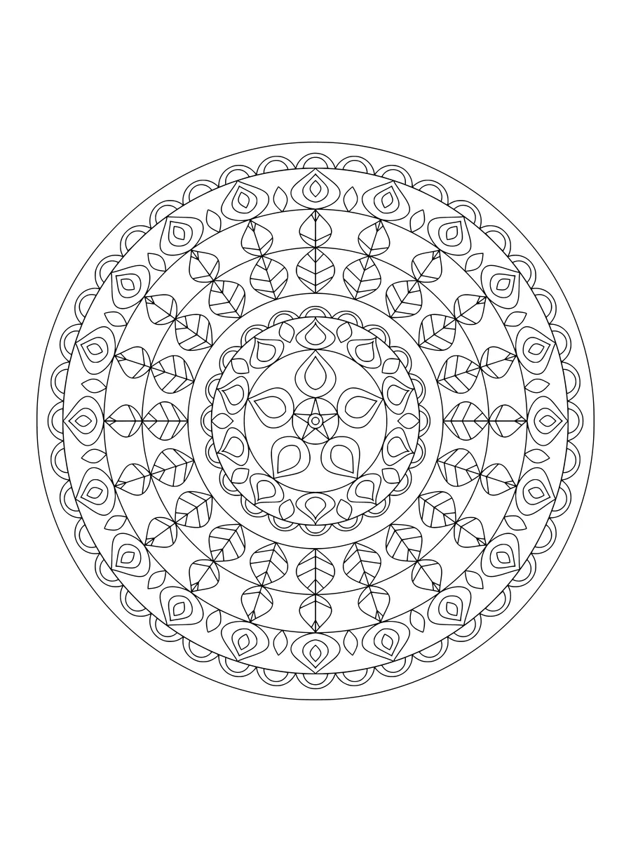 Blossom mandala with petal and inverted petal rings, an intricate fine-line colouring page for adults to print or colour online