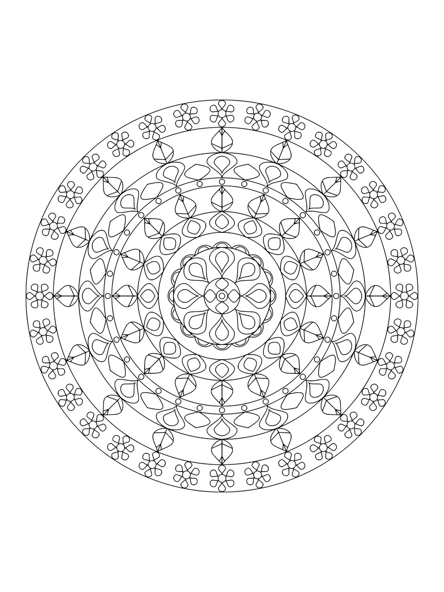 Blossom mandala with petal and scalloped rings, an intricate fine-line coloring page for adults to print or color online