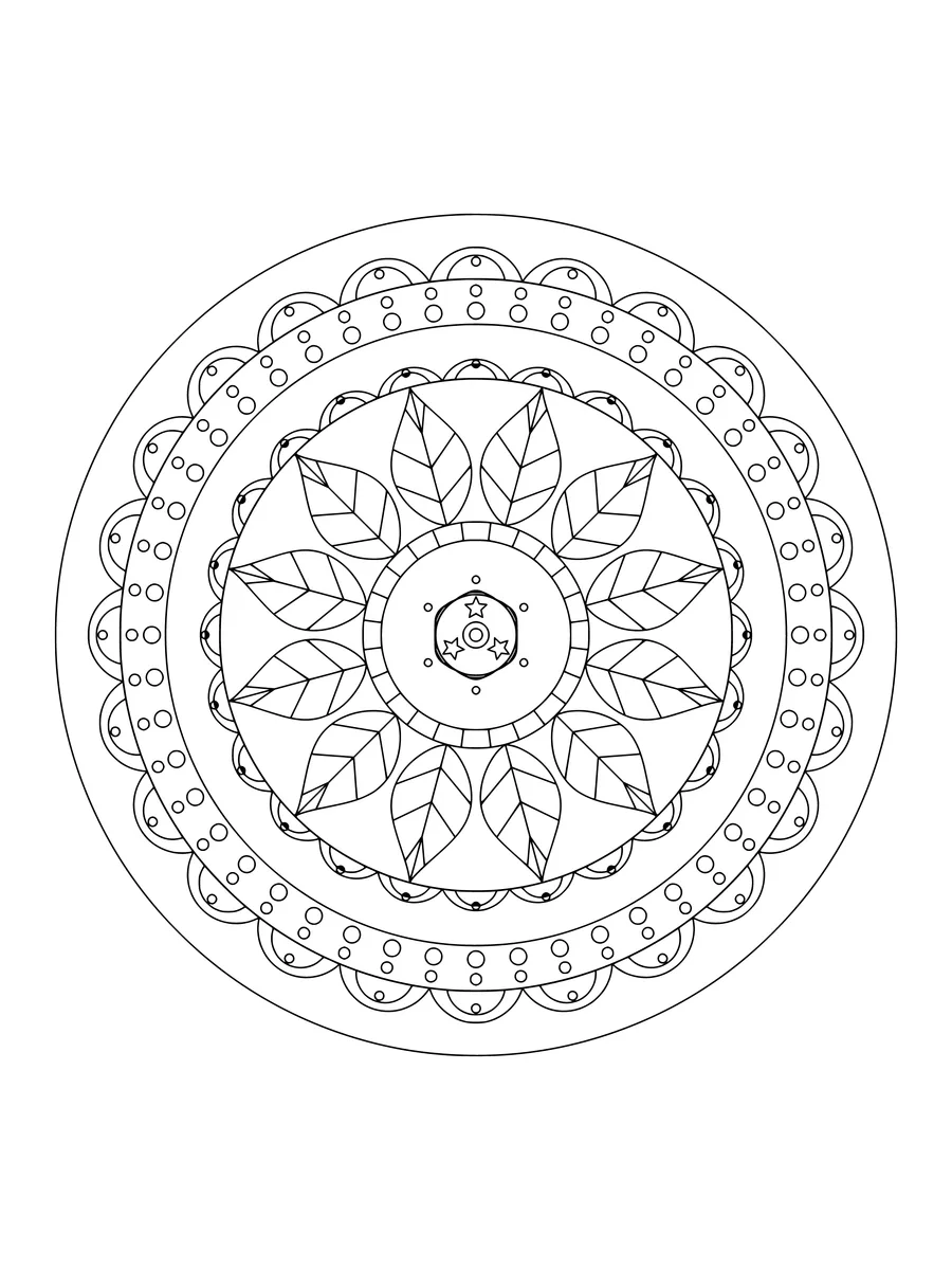 Blossom mandala with scalloped and leaf rings, a detailed coloring page for adults to print or color online