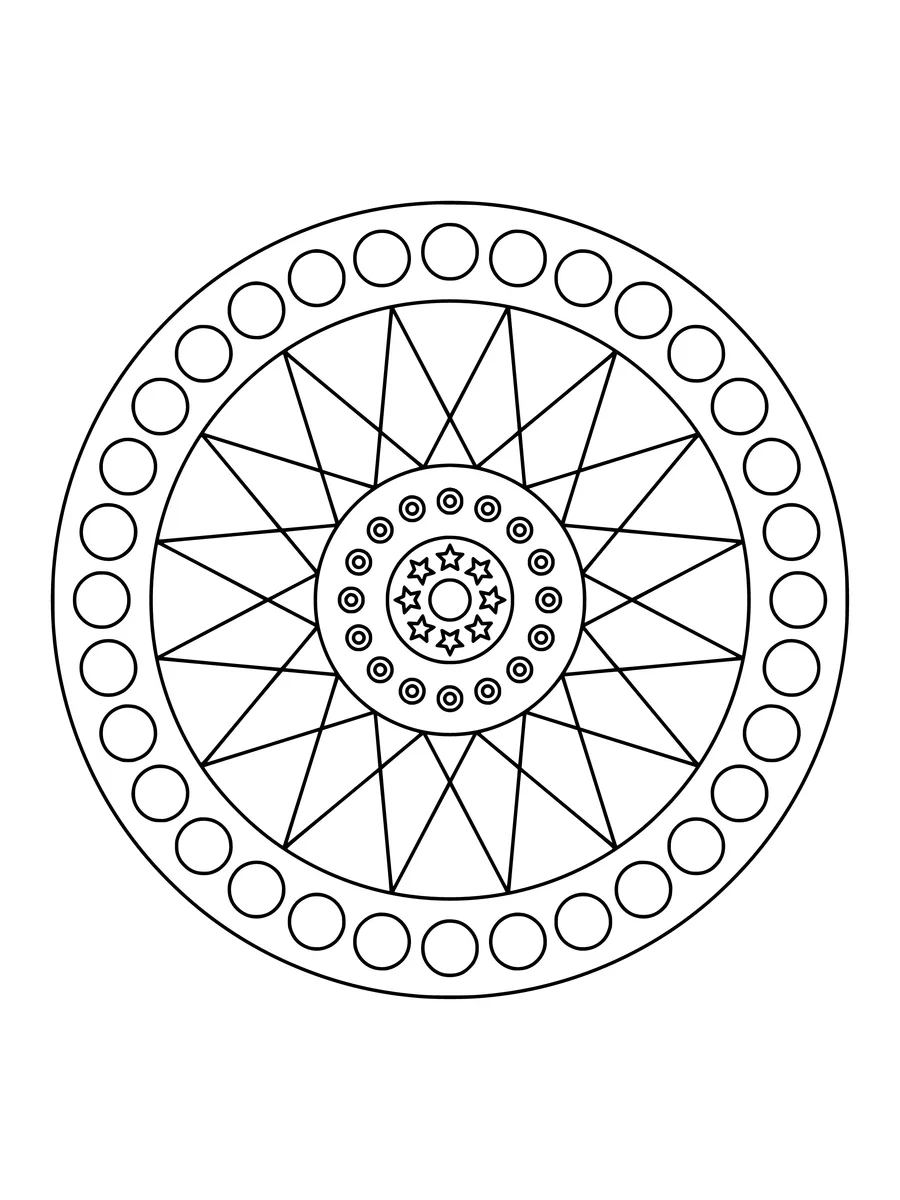 Lace mandala with lattice and beaded rings, an easy bold-line colouring page to print or colour online
