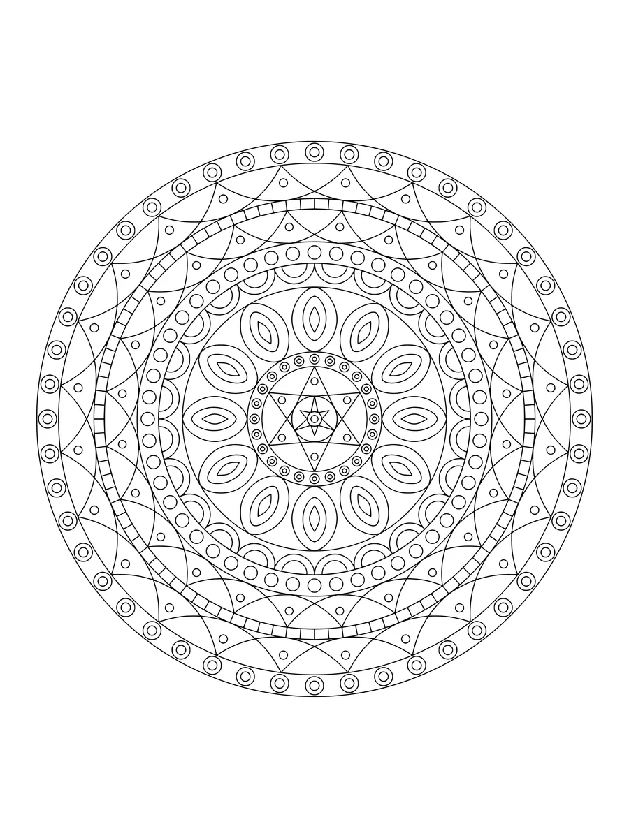 Lace mandala with lattice and rounded petal rings, an intricate fine-line coloring page for adults to print or color online