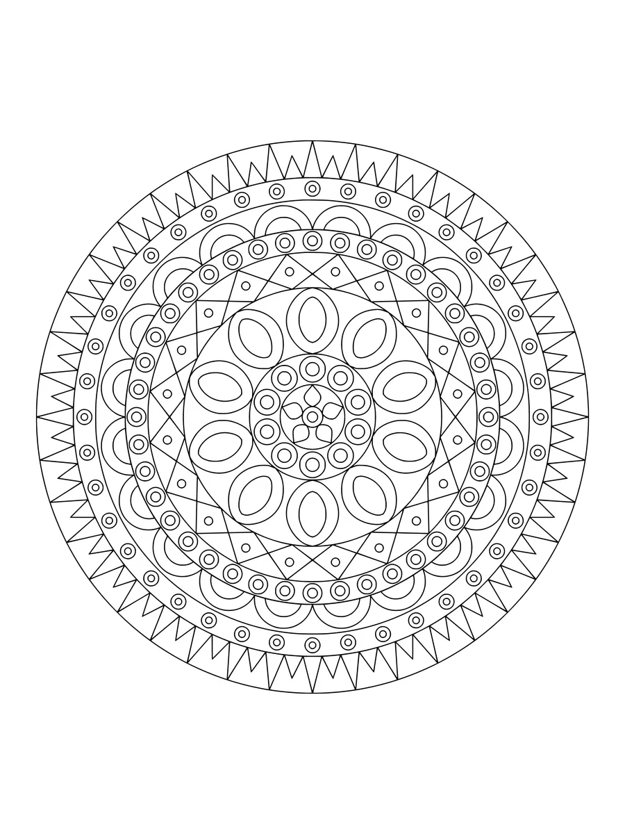 Lace mandala with rounded petal and lattice rings, a detailed colouring page for adults to print or colour online