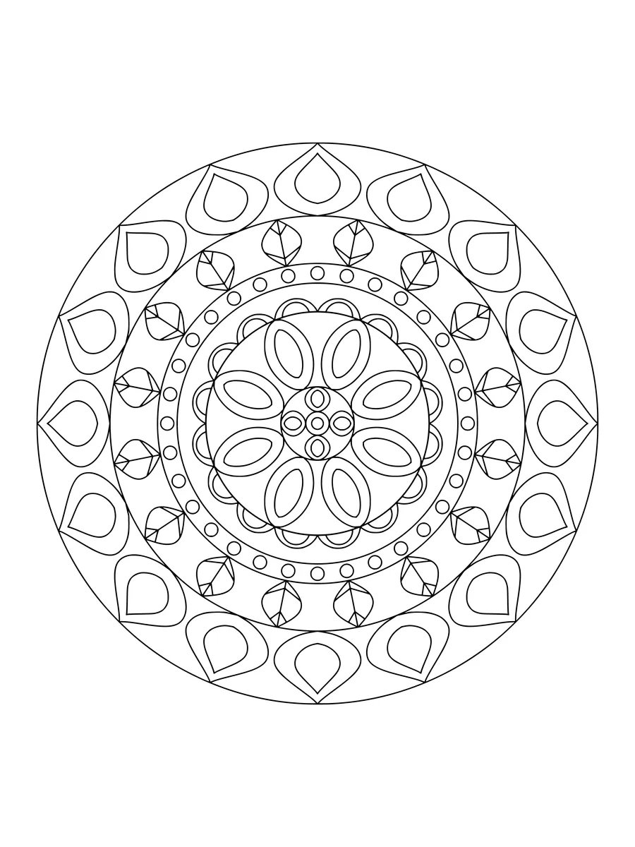 Lotus mandala with rounded petal and scalloped rings, a medium-detail colouring page to print or colour online