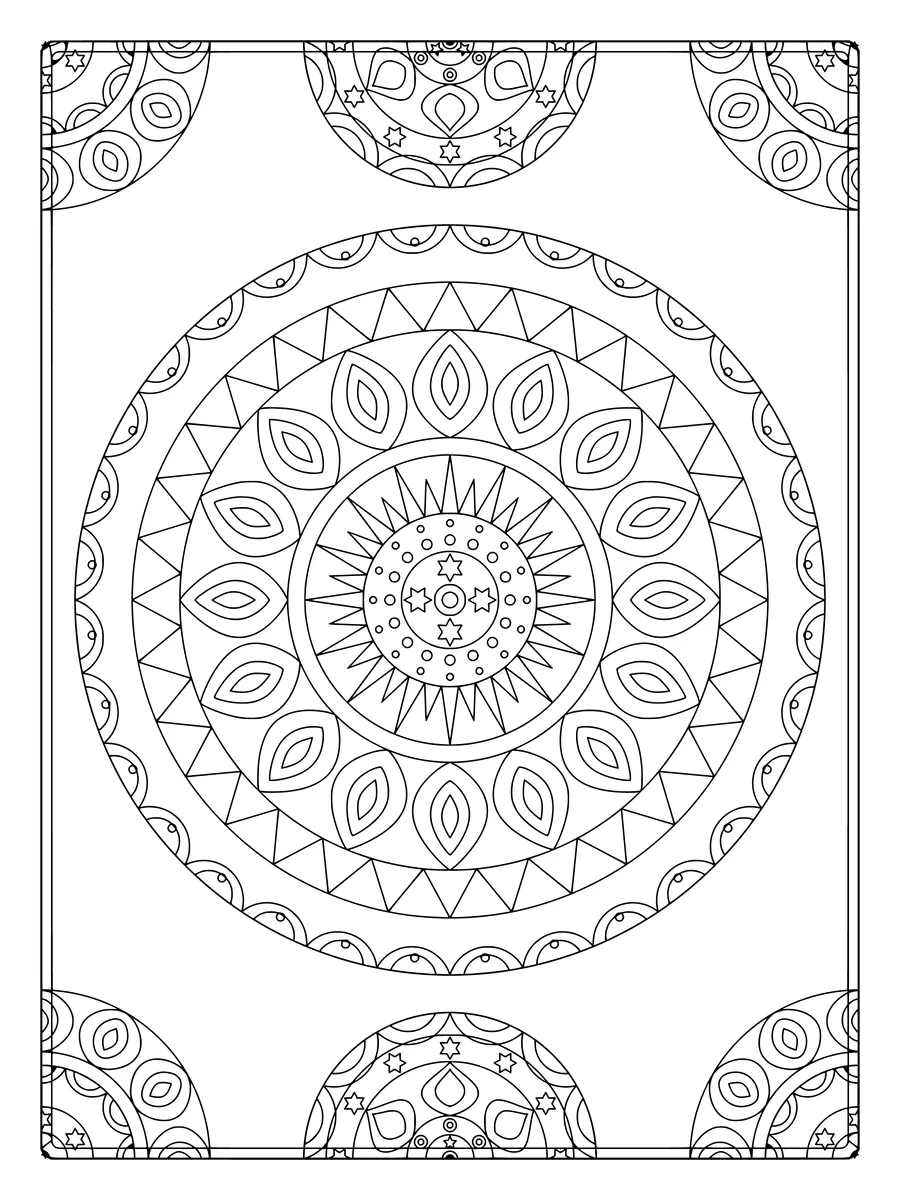 Starlit mandala with sunburst and petal rings and corner ornaments, a detailed colouring page for adults to print or colour online
