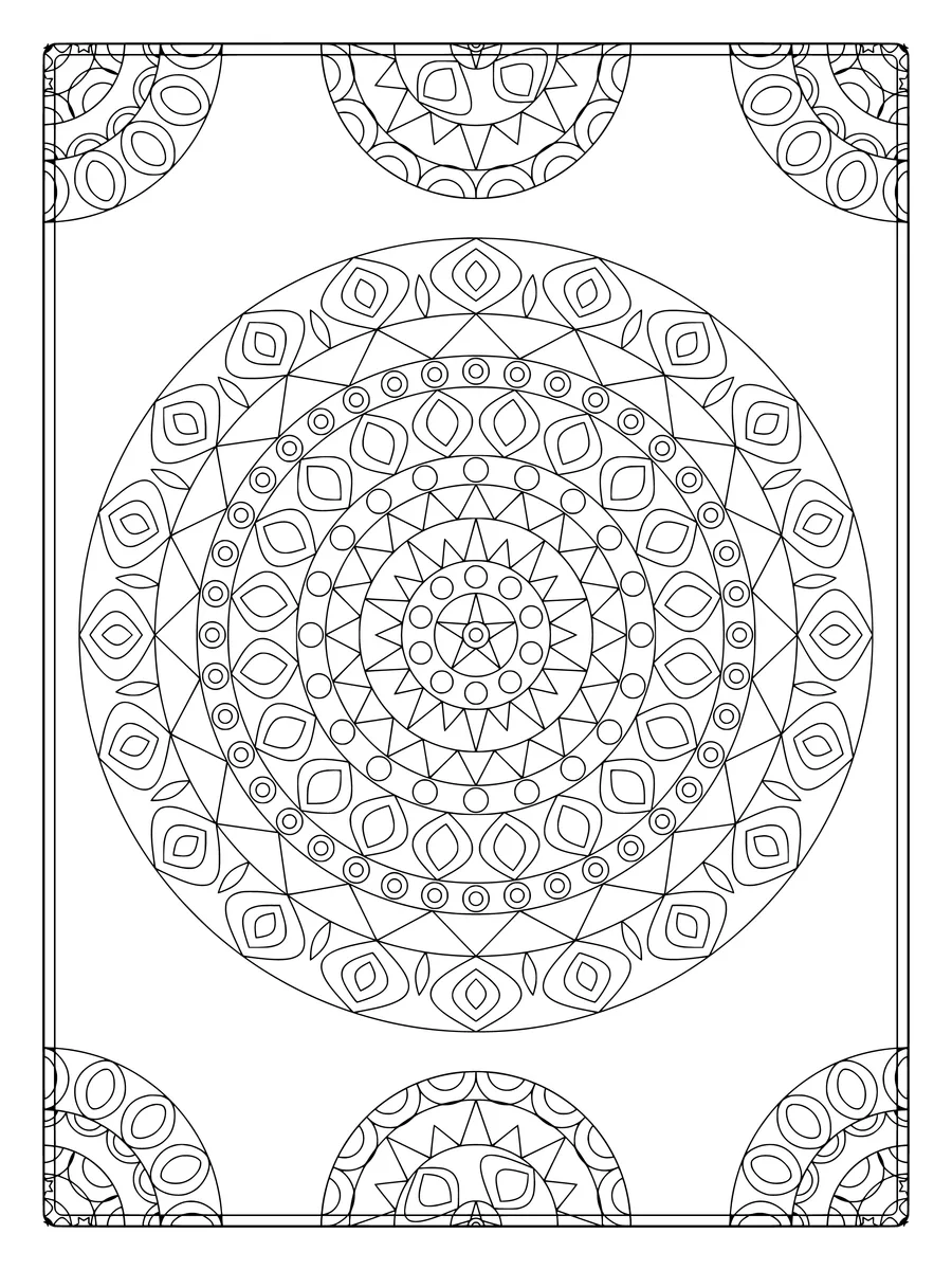Starlit mandala with sunburst and zigzag rings and corner ornaments, an intricate fine-line coloring page for adults to print or color online