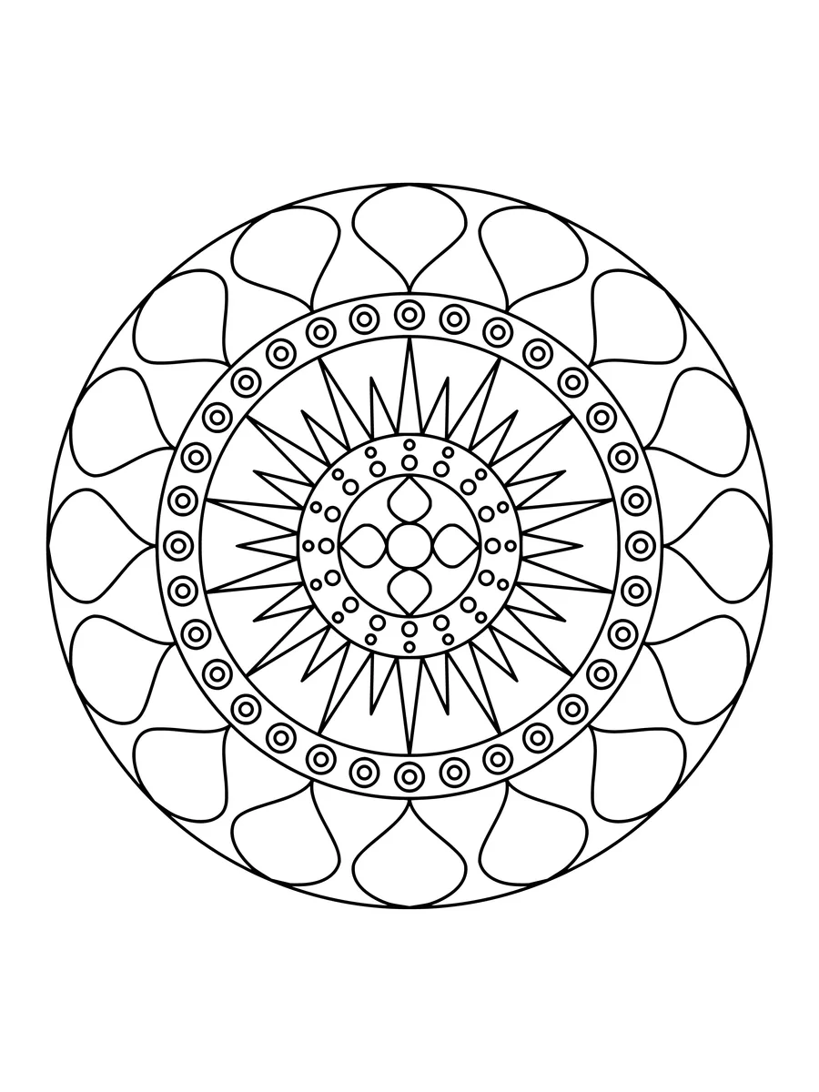 Sunburst mandala with sunburst and petal rings, an easy bold-line colouring page to print or colour online