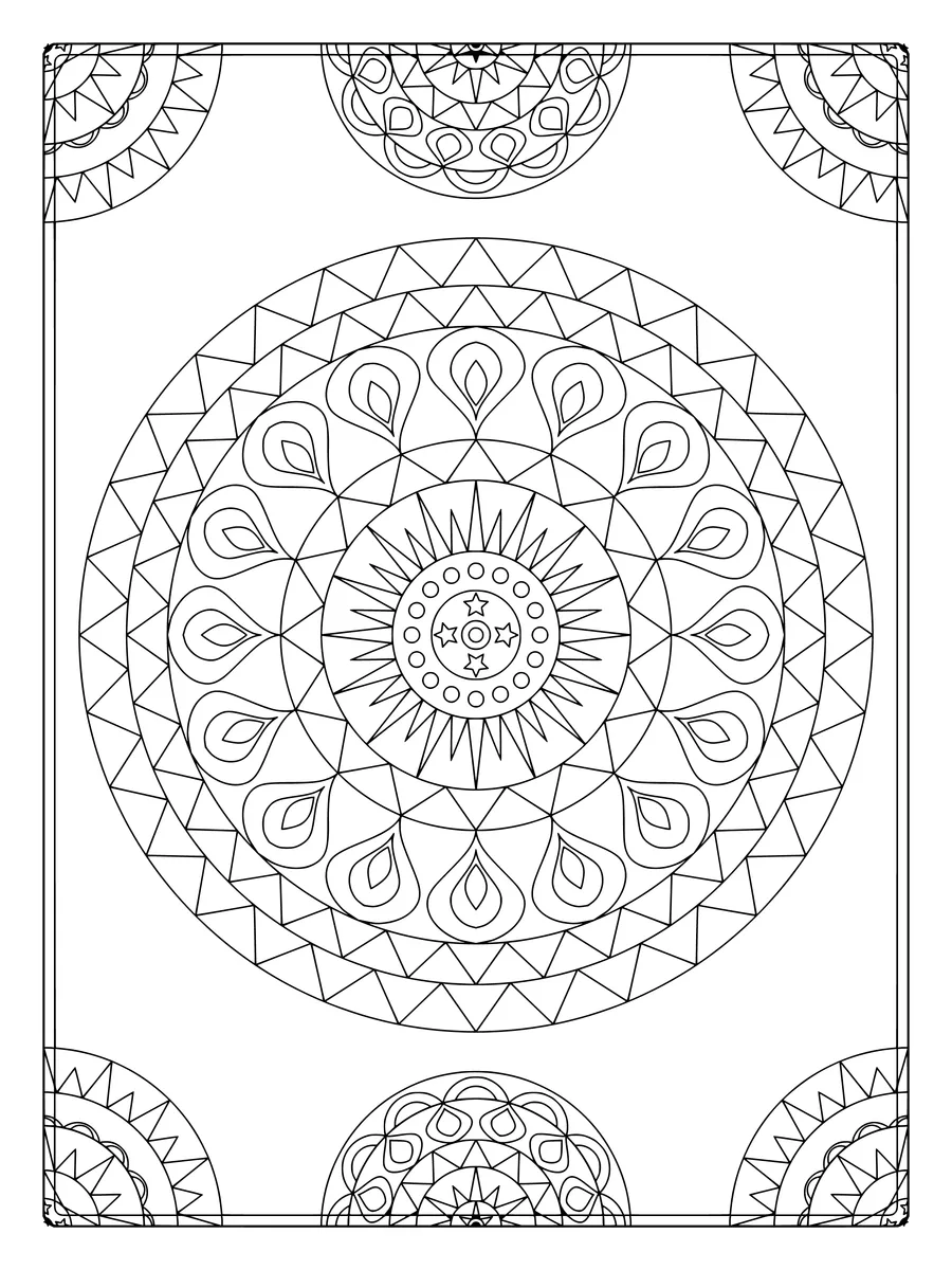 Sunburst mandala with sunburst and zigzag rings and corner ornaments, a detailed coloring page for adults to print or color online