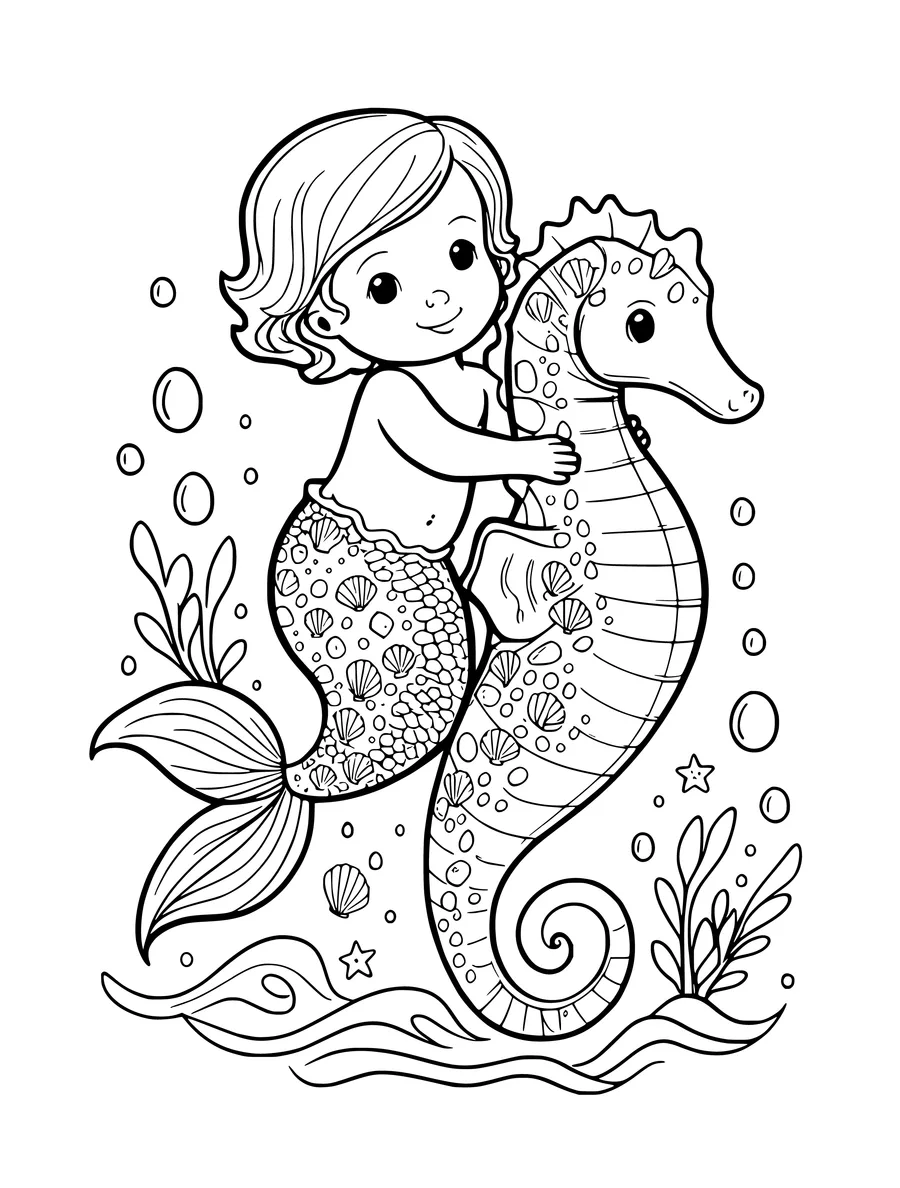 Black and white line art coloring page of baby mermaid riding a seahorse, medium detail