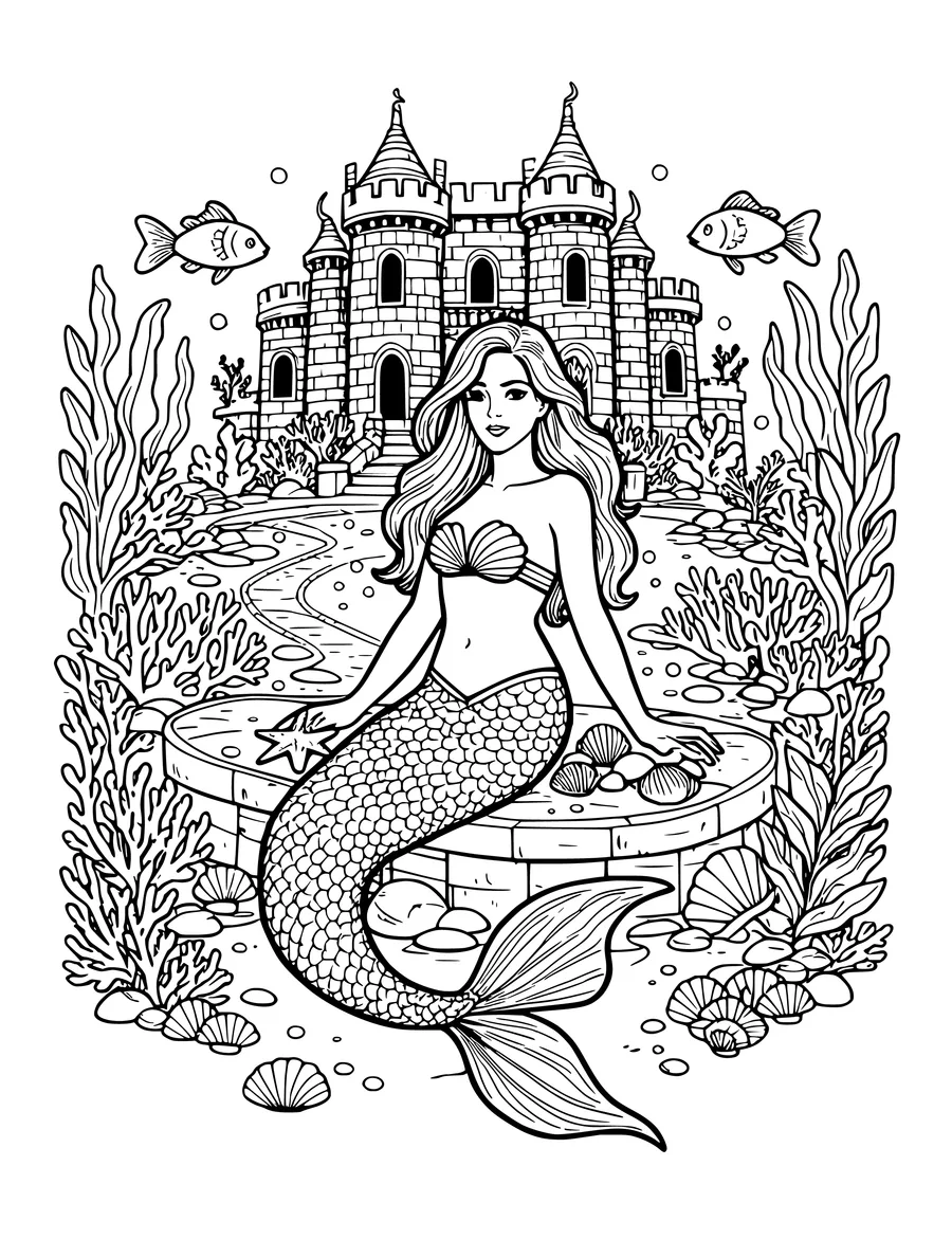 A detailed line art illustration of a mermaid sitting on a stone ledge before an underwater castle, coloring page