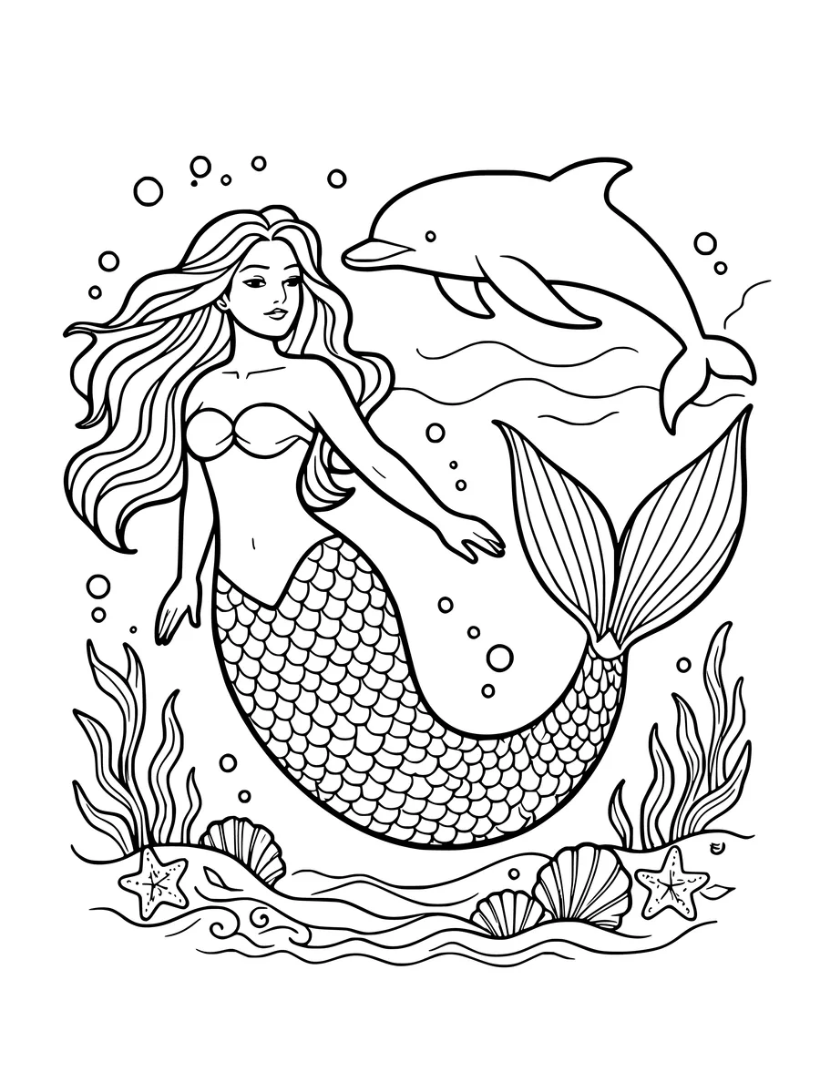 Black and white line art coloring page of mermaid swimming with a dolphin, medium detail
