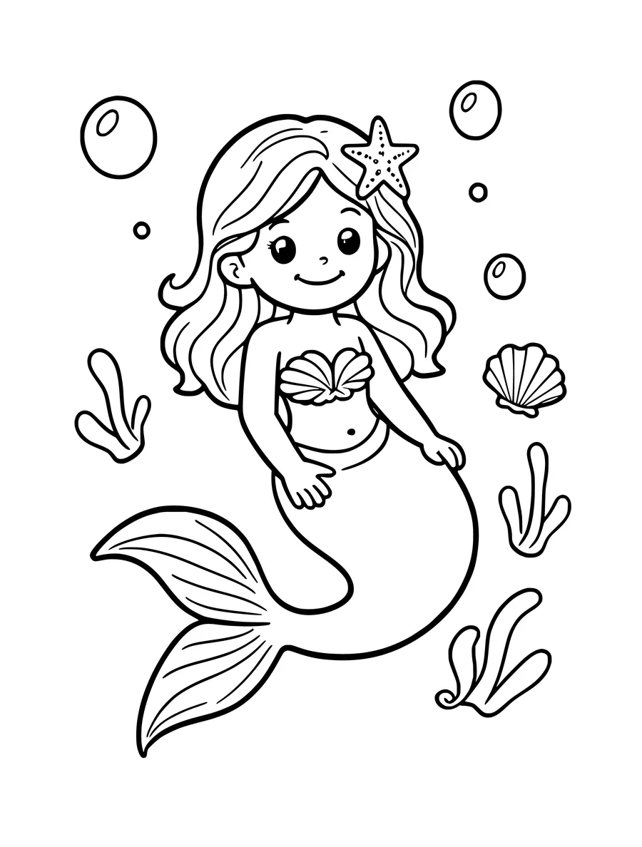 A simple colouring page featuring a smiling mermaid with a starfish in her hair and floating bubbles.