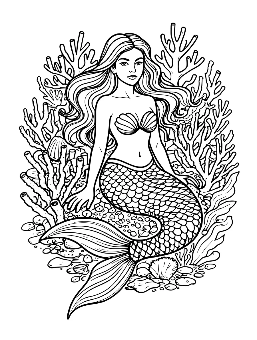 A detailed coloring page depicting a mermaid with long hair positioned among various coral shapes.