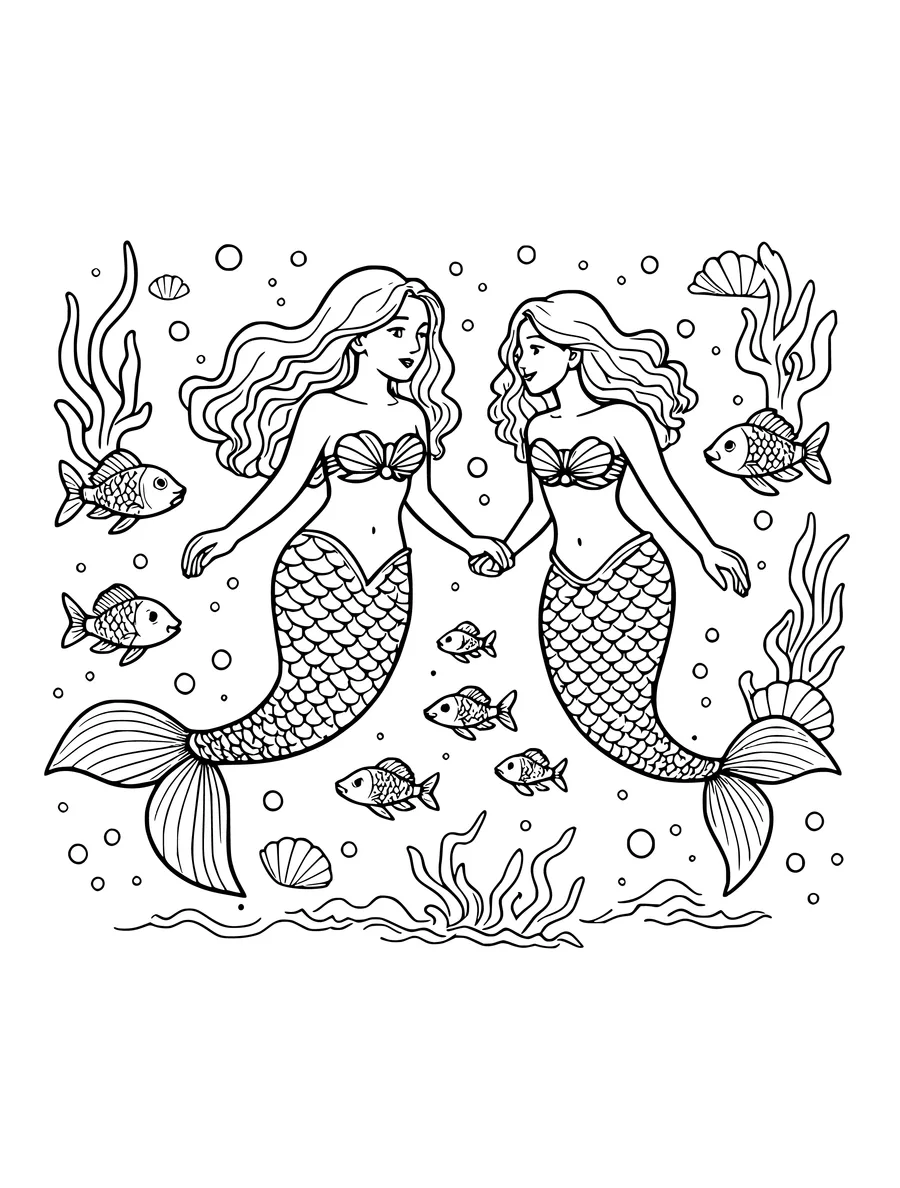 Black and white line art colouring page of pair of mermaids swimming together with fish, medium detail