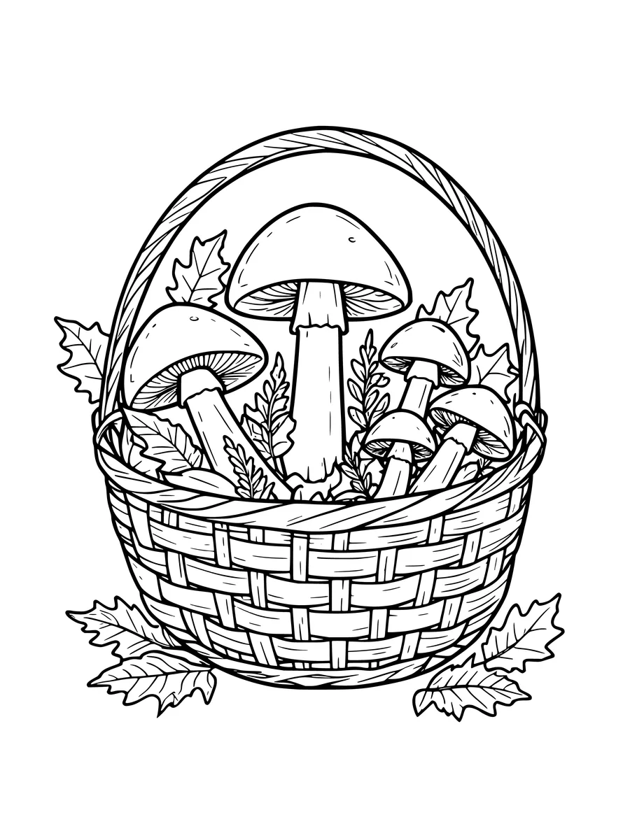 A colouring page depicting a woven basket filled with various foraged mushrooms and autumn leaves.
