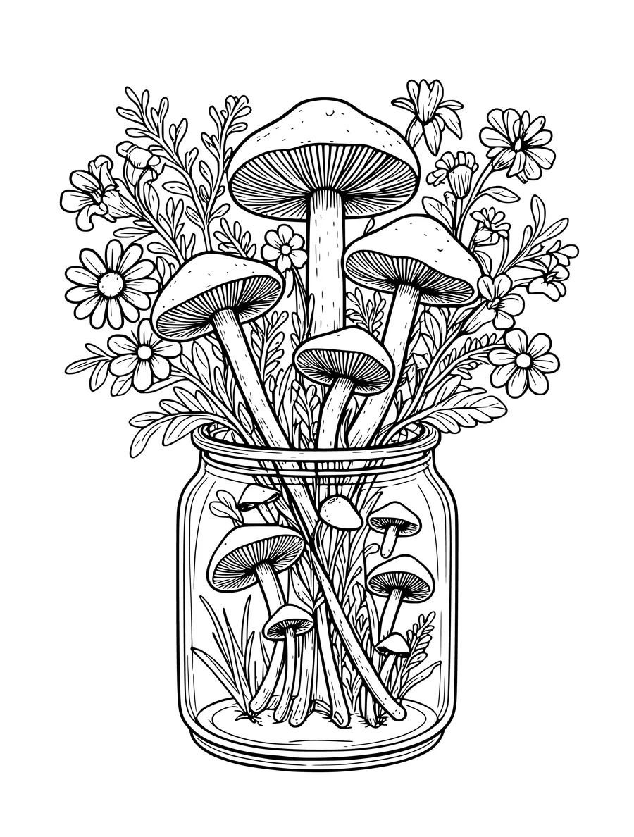 A detailed colouring page of mushrooms and wildflowers arranged inside a glass mason jar.