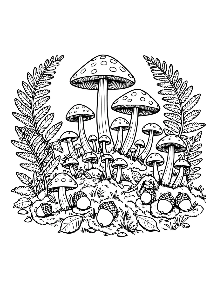 Black and white line art coloring page of forest floor of mushrooms, ferns, acorns and moss in detail, intricate detail