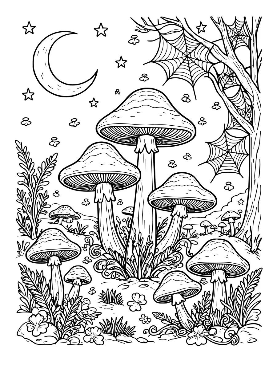 Black and white line art coloring page of moon-lit mushroom garden with fireflies and spiderwebs, intricate detail