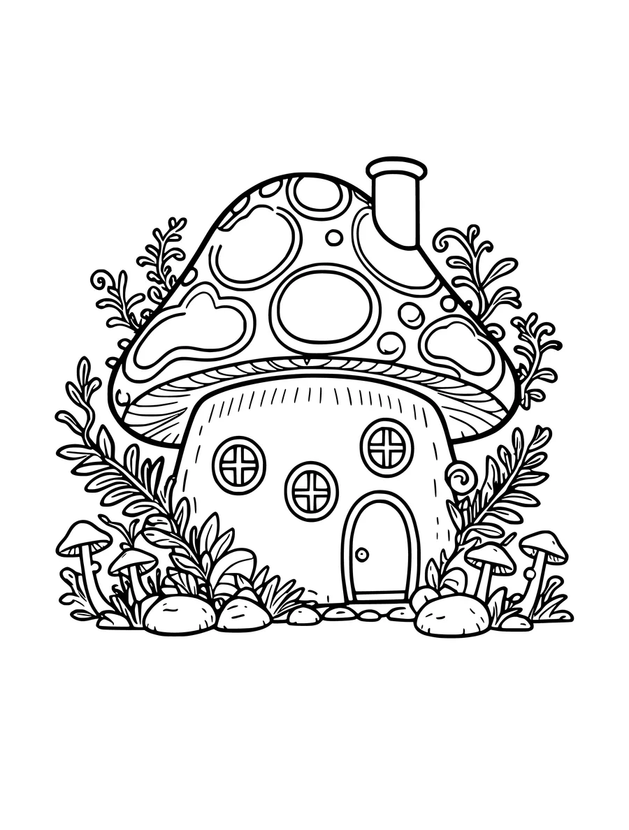 A detailed colouring page of a mushroom house with round windows, a chimney, and surrounding forest plants.