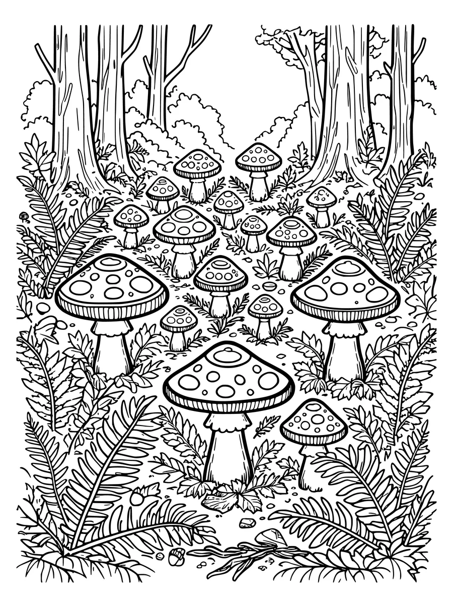 Black and white line art colouring page of mushroom patch in the forest with ferns and fallen leaves, detailed detail
