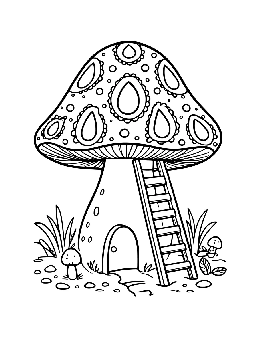Black and white line art coloring page of mushroom with a ladder leading to a little door, medium detail