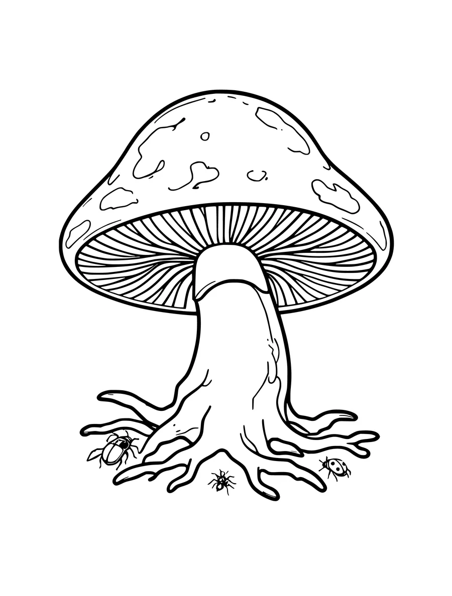 Black and white line art coloring page of mushroom with gills, roots and a few tiny insects, detailed detail