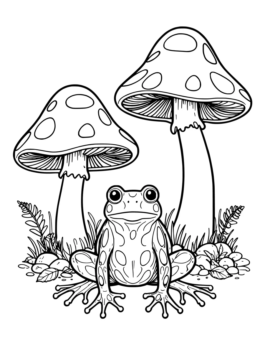 A detailed coloring page showing a frog sitting on the ground between two tall, spotted mushrooms.