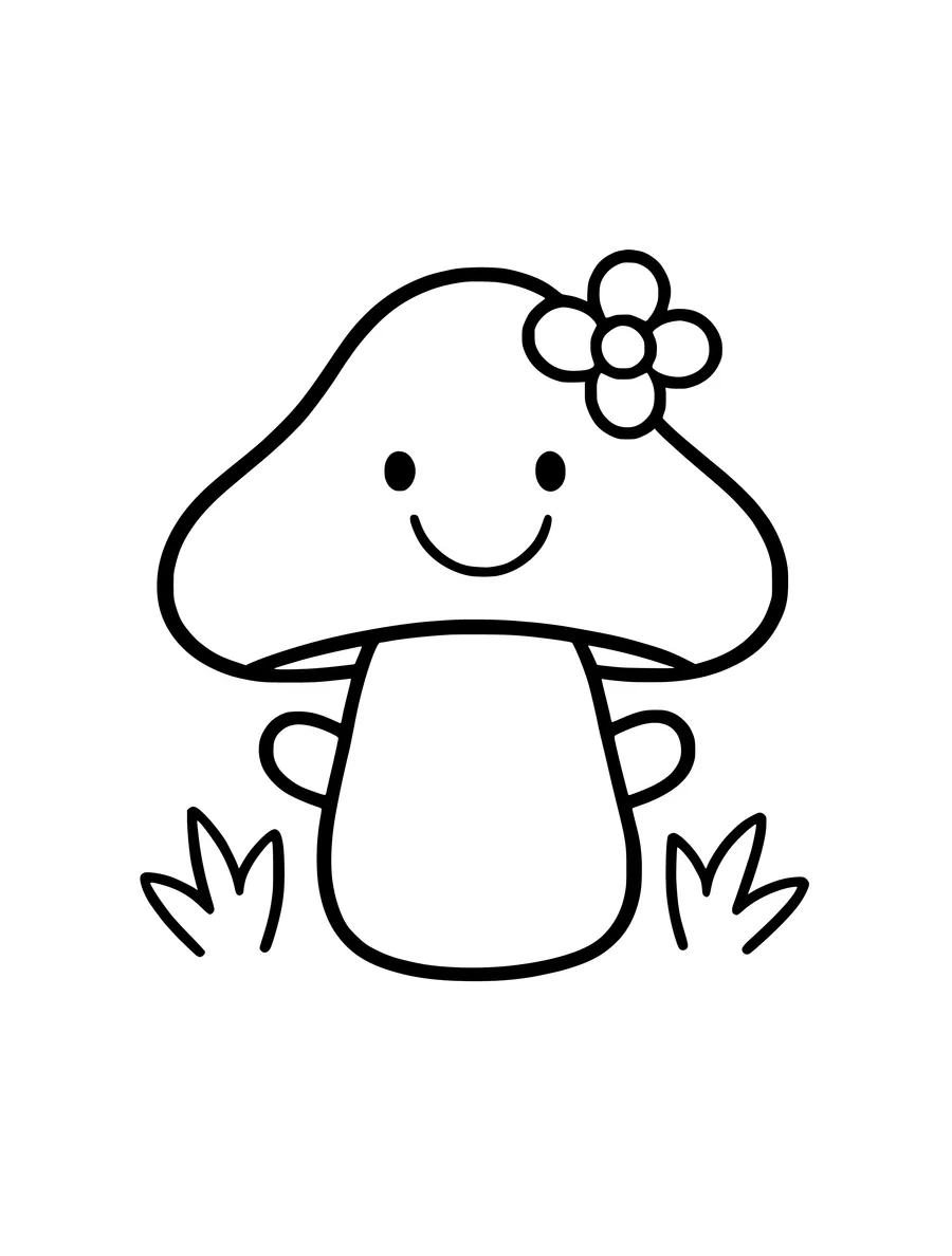 An easy colouring page for children showing a smiling mushroom character with a flower on its cap.
