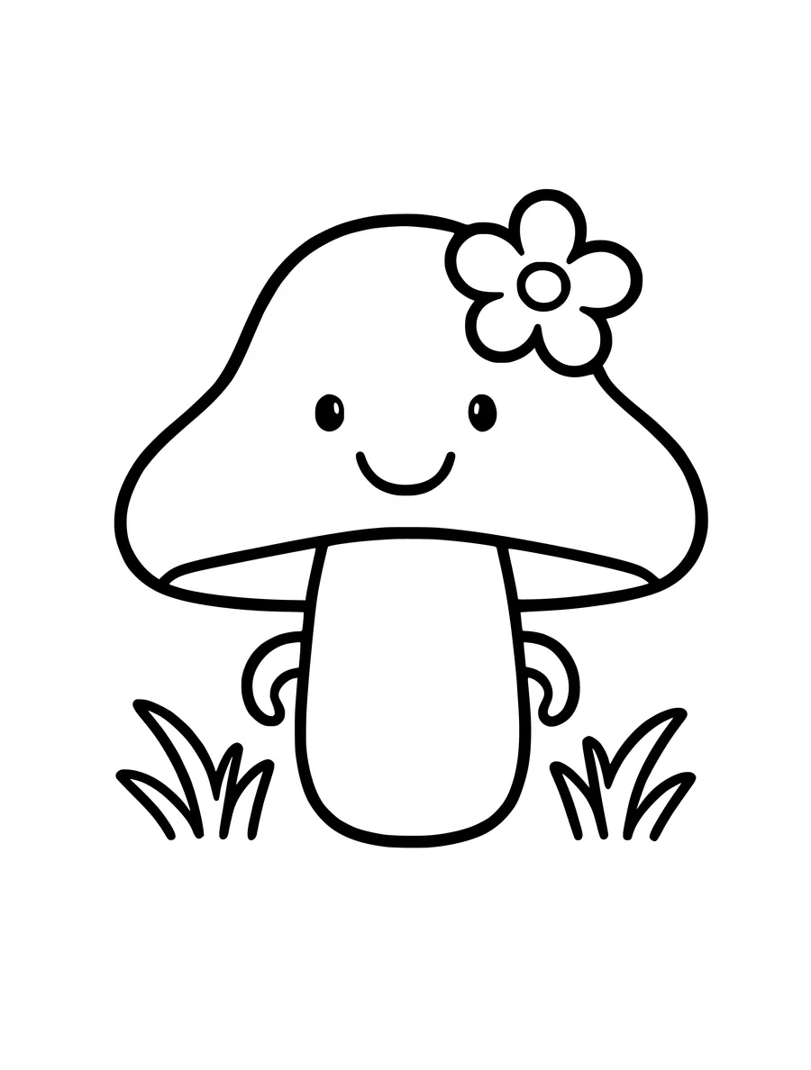 A simple colouring page of a happy, smiling mushroom with a flower on its cap in a grassy patch.